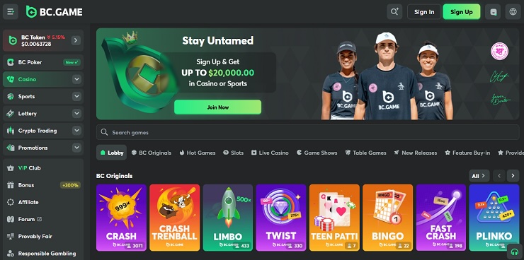 BC.Game SOL online casino site showcasing a vibrant selection of casino games and sports betting features.