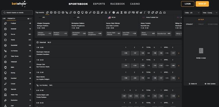 A snapshot of BetWhale Sportsbook