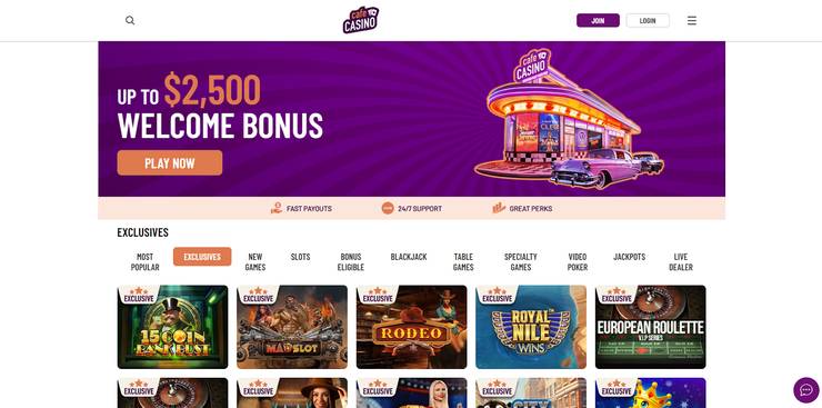 A snapshot of Cafe Casino's Home Page