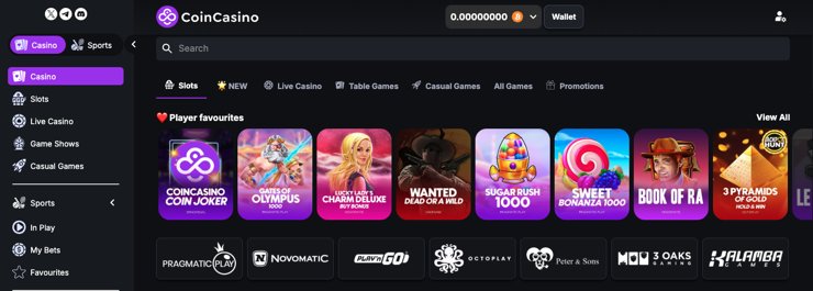 CoinCasino platform showcasing various online slots, including popular games like Gates of Olympus, Sweet Bonanza, and Book of Ra, highlighting the diverse selection of casino games available.