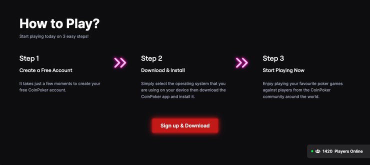 A simple three-step guide on how to start playing with CoinPoker, including account creation, app installation, and gameplay initiation.