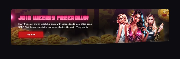 CoinPoker Weekly Freerolls promotional banner featuring three female characters with poker chips in the background