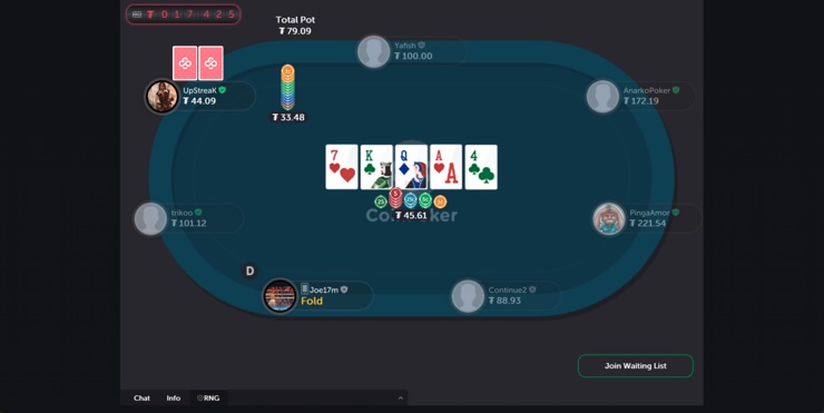 CoinPoker online poker table showing active players, cards, and chips during a game session.