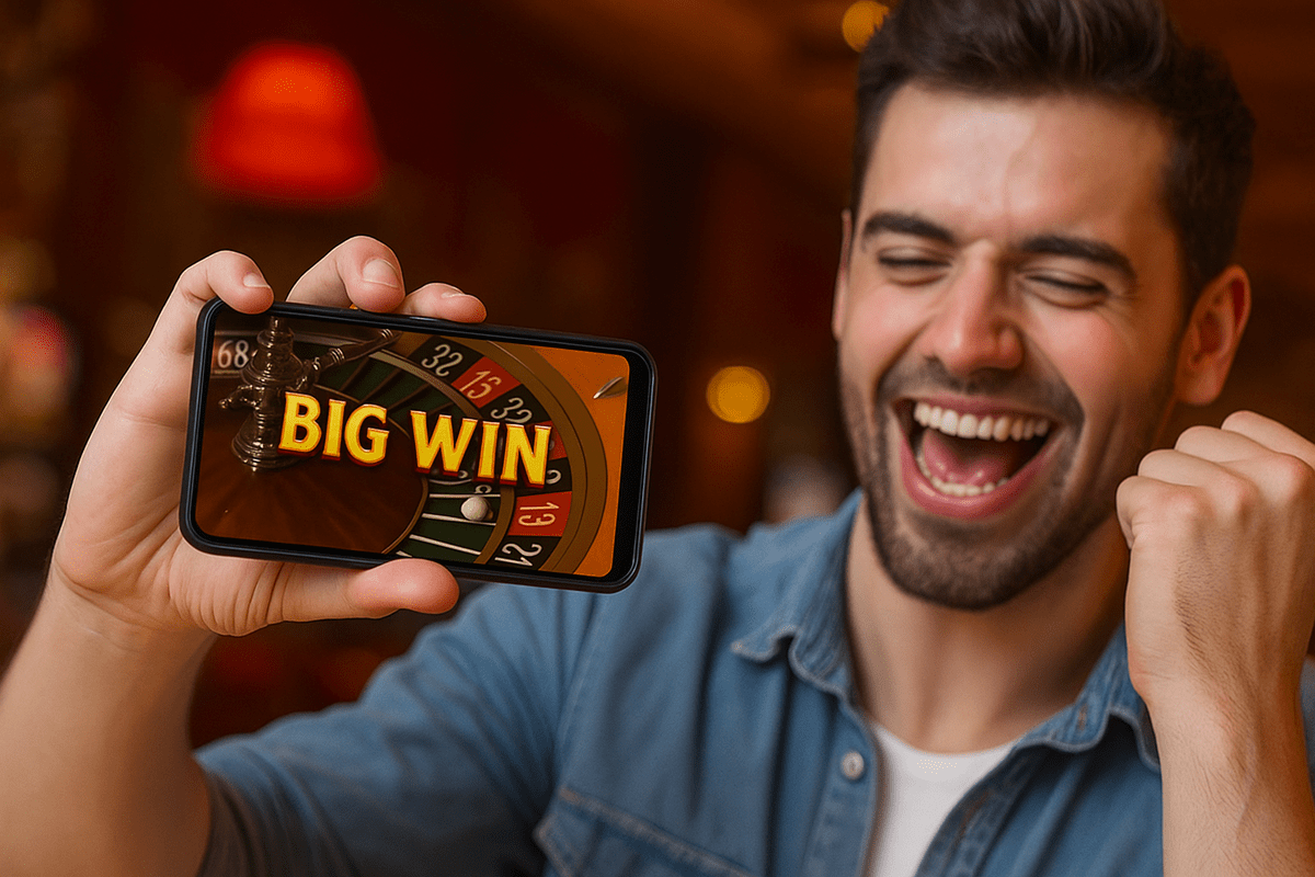 happy player celebrating a roulette win on a mobile device