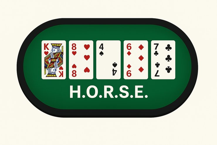 H.O.R.S.E. poker table illustration showing cards from various rounds on a white background on poker site.