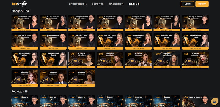 BetWhale live table games section, with dozens of blackjack and roulette tables for online gambling in Kansas