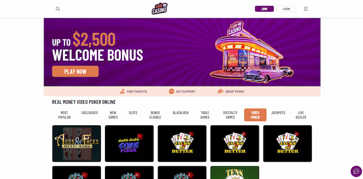 Video poker section at Cafe Casino, showcasing different variants that are rare to find in an online casino in Kansas