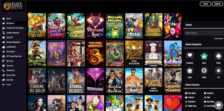 Slots page at Black Lotus, highlighting unique slot games available at one of the best Kansas online casinos