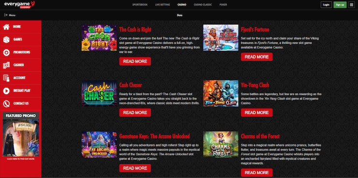 A look at Everygame Casino’s slots section, featuring games from top providers, perfect for fans of Georgia online casinos.