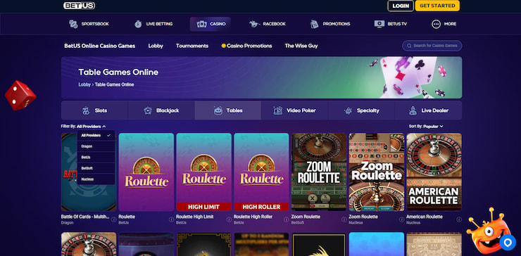 BetUs’s table game section, highlighting various roulette variants, catering to enthusiasts of GA online gambling.