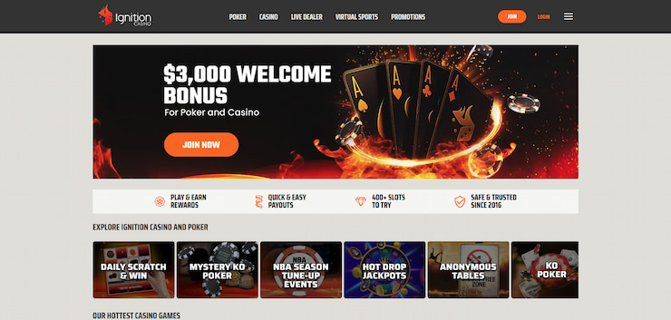 A screenshot of the Ignition Casino poker page, showing the 'JOIN' button on the top-right corner.