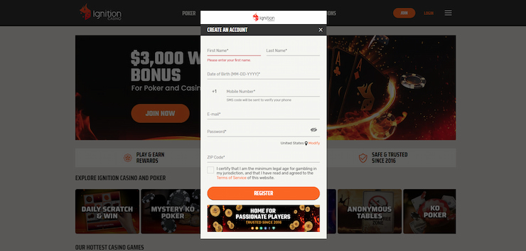 An image showing the registration page on the Ignition Casino poker site.
