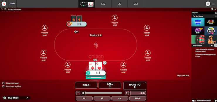 A snapshot of a poker game in progress at Ignition Casino poker site