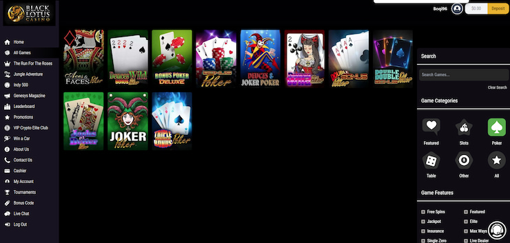A screenshot showing several video poker games on the Black Lotus Virginia Casino site. 