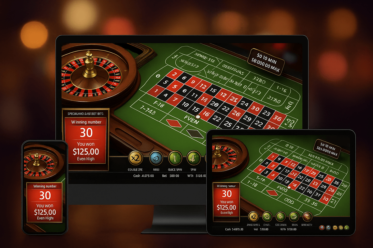 image of an online roulette game displayed on Desktop, Mobile, and Tablet