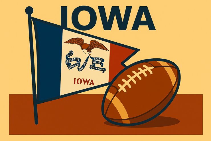 Illustration of the Iowa state flag and a football, representing legal Iowa sports betting in 2025. 