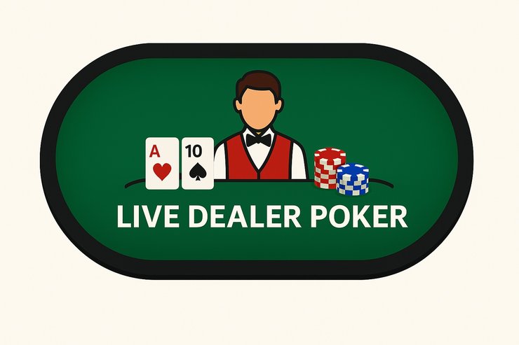 Live Dealer Poker table illustration with dealer, chips, and white background on poker site.