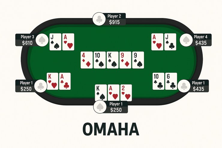 Omaha Poker table with players' hole cards and a shared board on a white background on poker sie.
