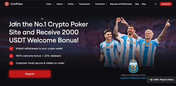 CoinPoker homepage screenshot showcasing the main welcome offer and crypto poker promotions, featuring vibrant banners and bold text on a dark background.