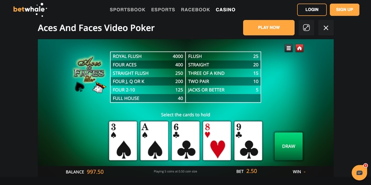 Video poker options at BetWhale online casinos West Virginia