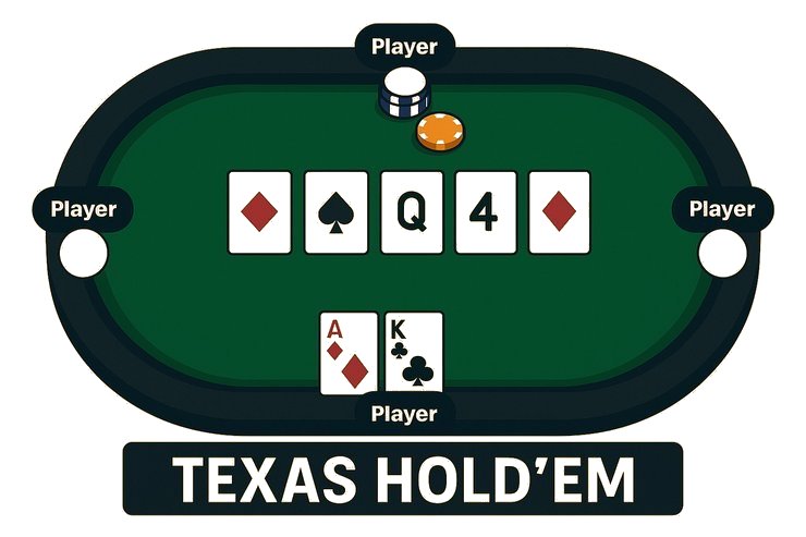 Texas Hold’em table with cards on the board, showing community and player hole cards on poker sie.