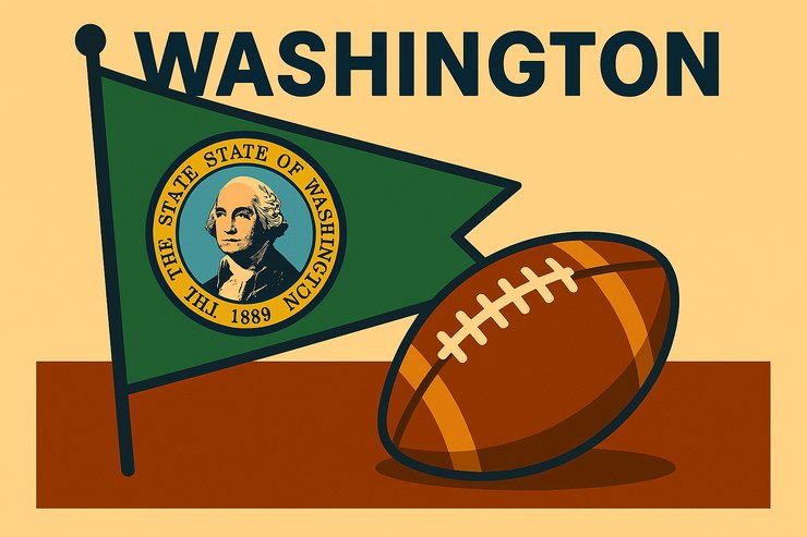 Illustration of a football beside the Washington state flag with “Washington” written above, representing sports betting in Washington.