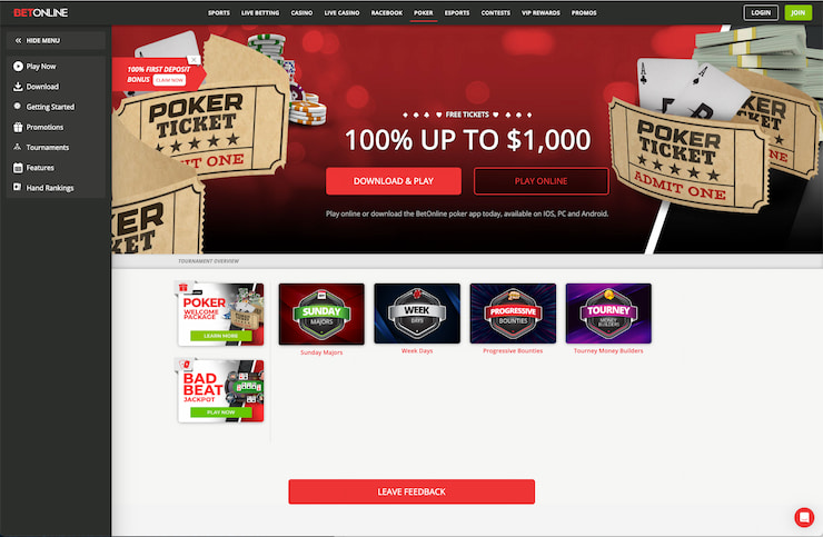 What the BetOnline, a top crypto poker room, poker home screen look like