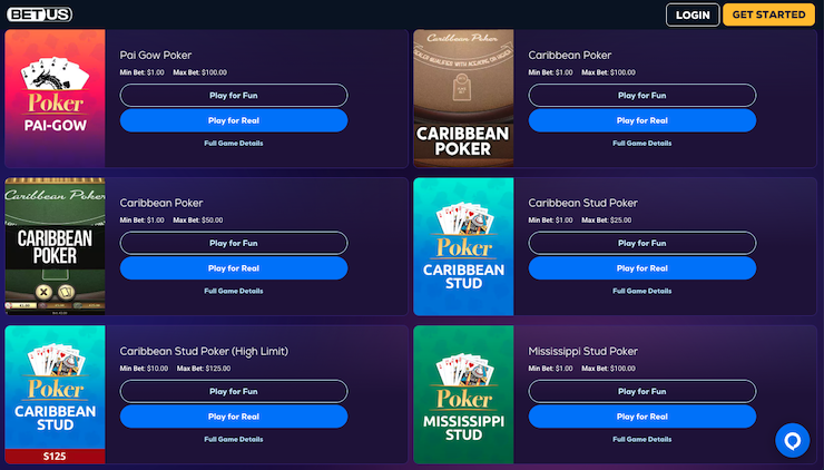 BetUS hawaii Online Casino Poker Games