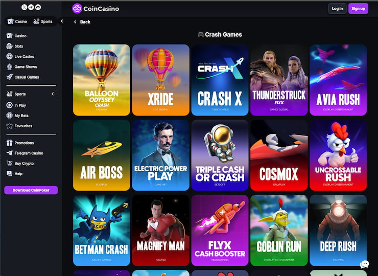 A screenshot of the CoinCasino crash gambling section at the best crash casinos