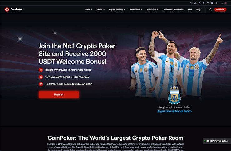 A screenshot of the CoinPoker home screen, a top crypto poker room