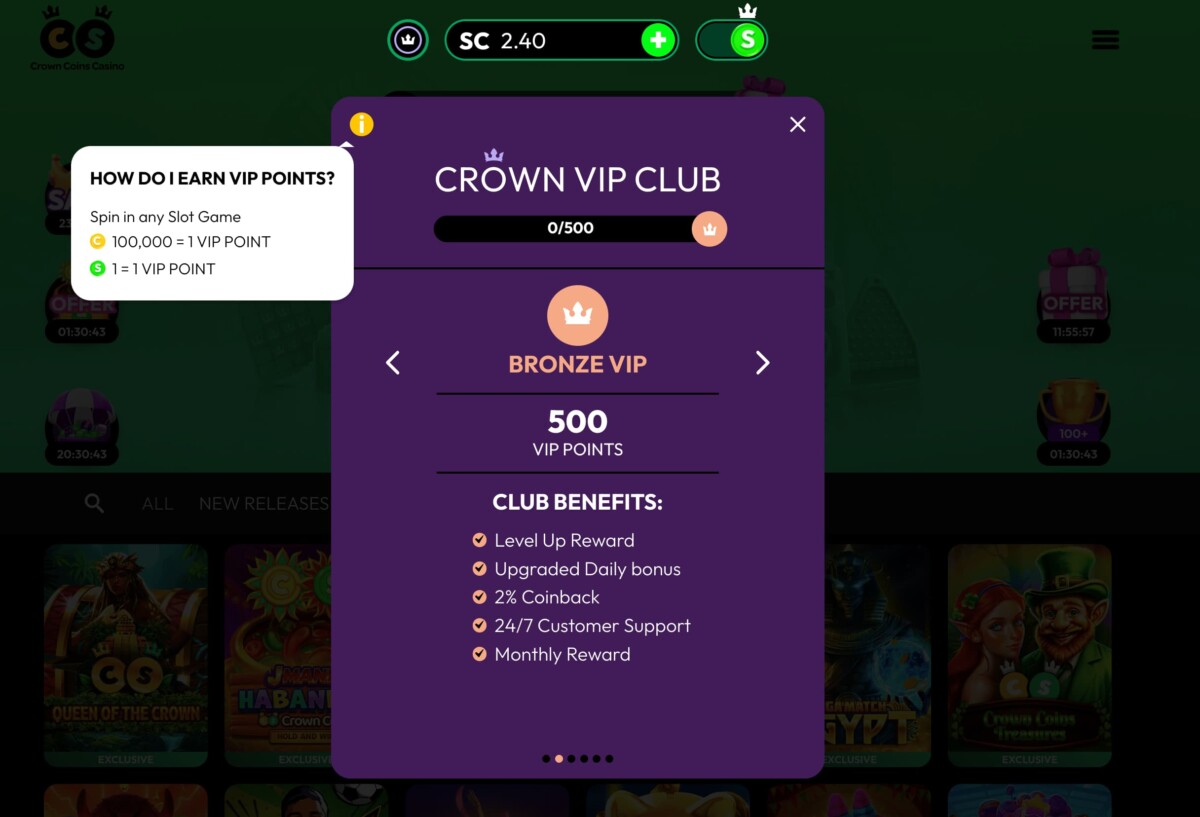 crown coins casino vip club