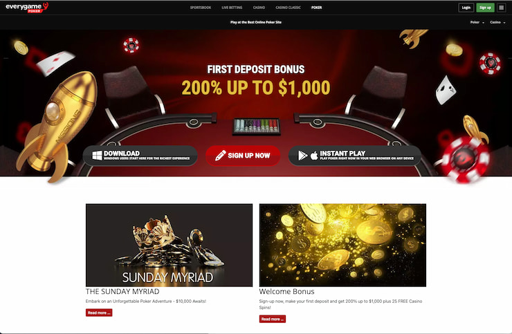 An overview of the Everygame home page, a top crypto poker room