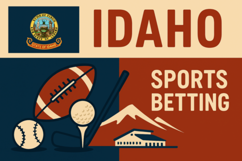 Idaho sports betting graphic with football, hockey, skiing, and mountains
