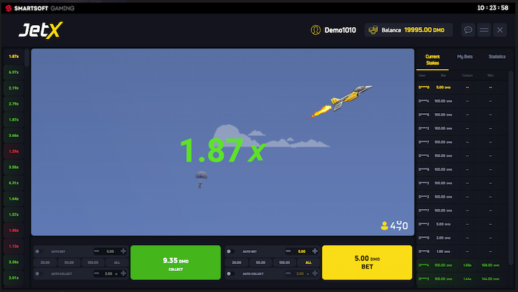A screenshot of the JetX crash betting game