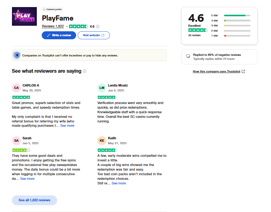 PlayFame Trustpilot rating