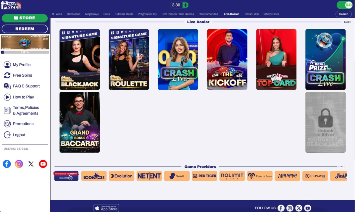 Live dealer games at RealPrize