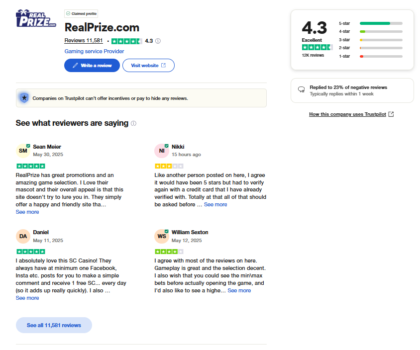 RealPrize Trustpilot rating