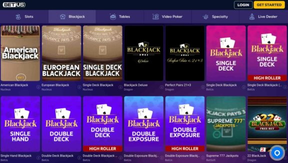 A screenshot showing some of the Blackjack games at BetUS Casino - a top online casino in Maine