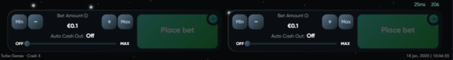 A preview of the auto-cashout and betting features on BetPanda's CrashX Casino Games like Aviator