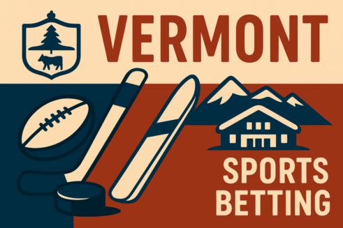Vermont sports betting graphic with football, hockey, skiing, and mountains
