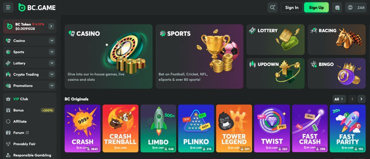 A screenshot of the BC Game real money online casino
