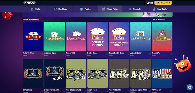 A screenshot showing some of the video poker games on the BetUS Idaho Casino site.