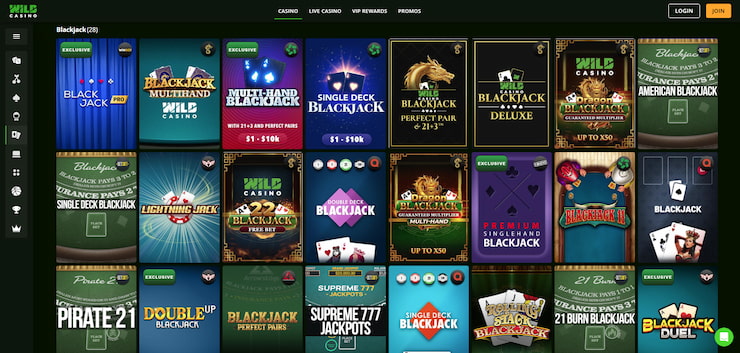 An image showing the blackjack game lobby on the Wild ID Casino site.