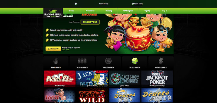 A screenshot showing some of the video poker games at the Raging Bull Minnesota online casino.