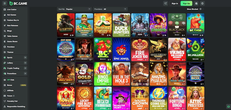 A snapshot of the slots at BC.Game MN online casinos.