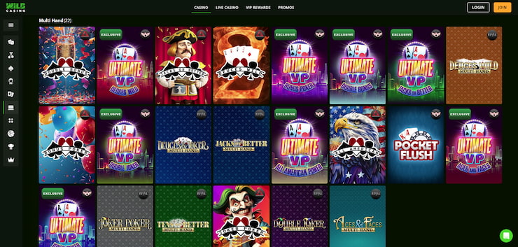 A screenshot showing the selection of video poker games at Wild Casino at Online Casino Alabama.