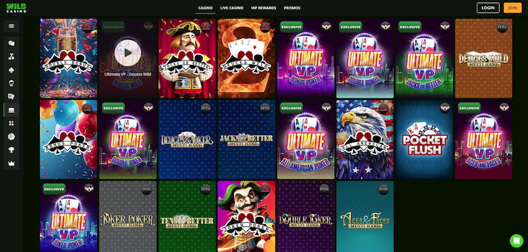 A screenshot showing various video poker games at Wild Casino.
