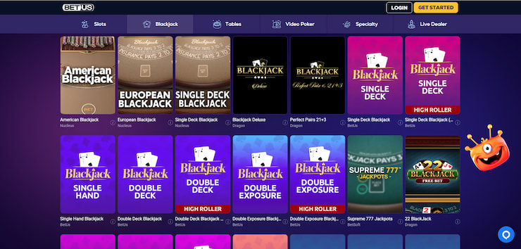 An image showing the selection of blackjack games at BetUS Casino.