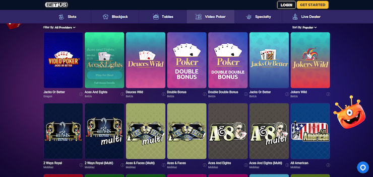 An image showing the selection of video poker games at BetUS Alaska online casino.