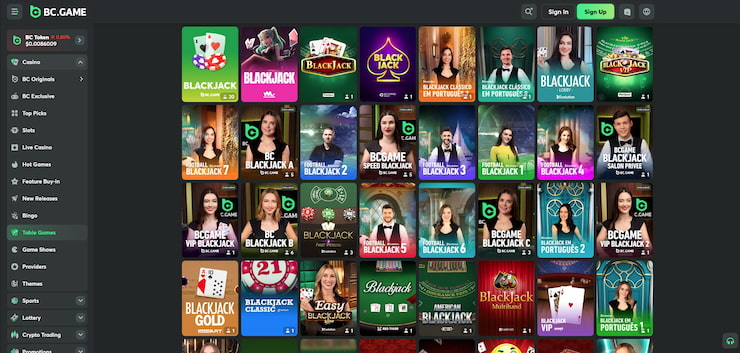 A screenshot showing online and live dealer blackjack tables at BC.Game, Alaska online casino.